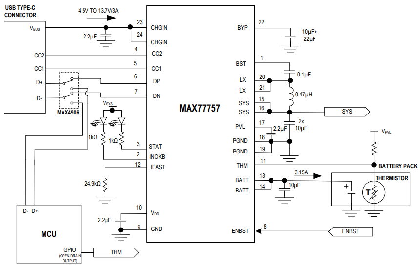 Schéma du circuit d'application - Analog Devices / Maxim Integrated Chargeur autonome USB de type C MAX77757
